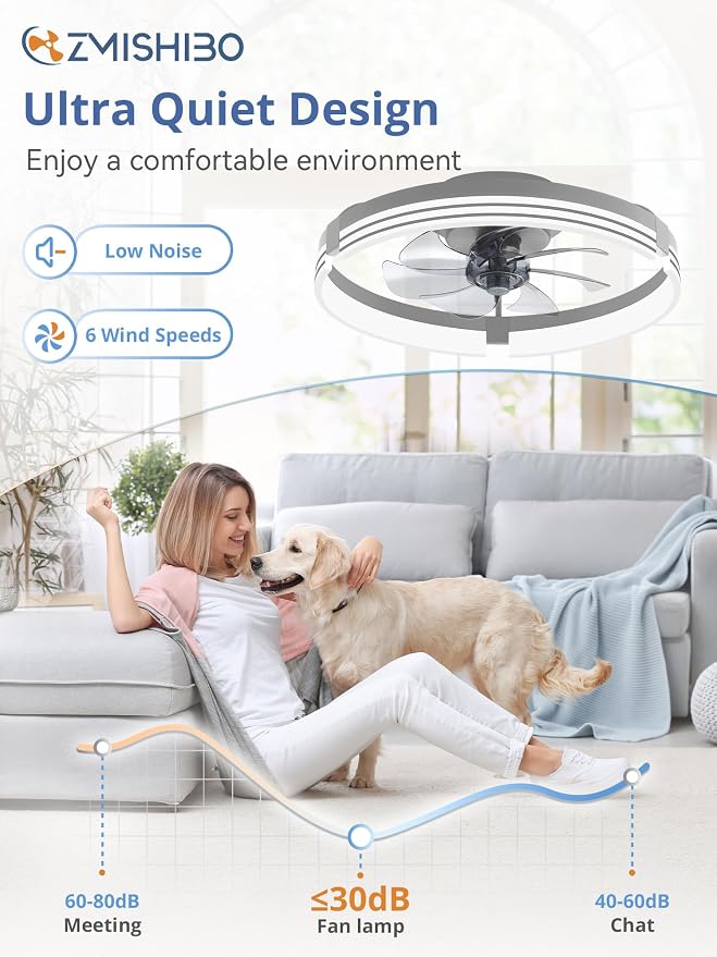 ZMISHIBO Low Profile Ceiling Fans with Lights and Remote, 20" Grey | 3000K-6000K Dimmable Fandelier LED, Flush Mount, 6 Wind Speeds, Reversible, Timer, Bedroom, Living Room, Kitchen, Kids Room