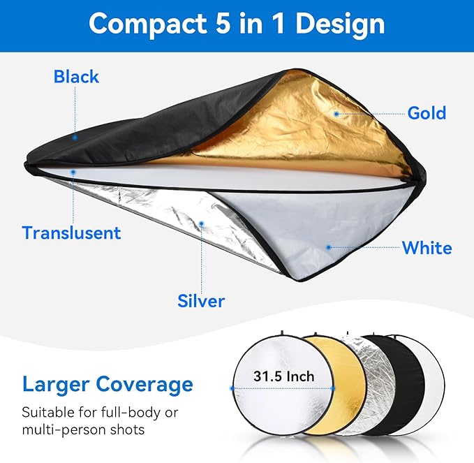 UTEBIT 31 Inch (80cm) Light Reflector Stand Kit Diffuser 5 in 1 Collapsible Multi Disc with Bag, 48 Inch Light Stand, Photography Reflector Holder-Translucent/Silver/Gold/White/Black