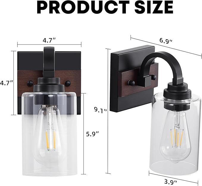 1-Light Black Wall Sconces, Farmhouse Vanity Light Fixtures for Bathroom, Wood Wall Lighting with Clear Glass Shade, Wall Sconce for Hallway, Entryway, Bedroom, Living Room