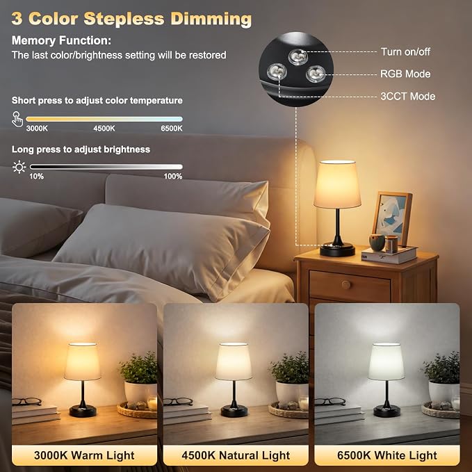 Wowag Small Cordless Table Lamp Rechargeable,5000mAh Battery Operated Desk Lamp,3 Colors & 7 RGB Stepless Dimmable,Touch Ambient Light for Bedside,Bedroom,Dining Room,Living Room,Black,WhiteShade