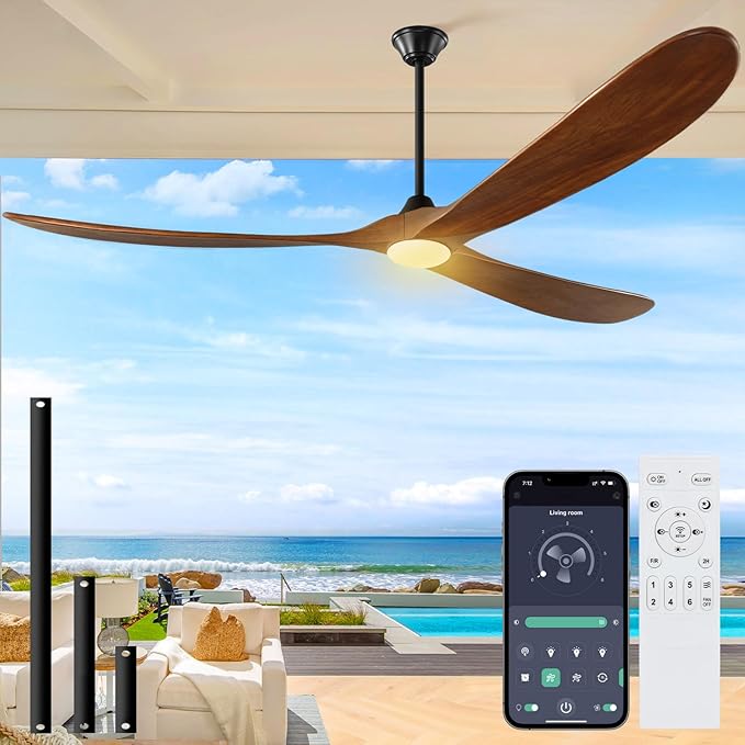 72 inch Outdoor Ceiling Fan with Lights-Glass Lamp, Large Damp Rated Wood Propeller Blades for Big Patios & Porch, Smart APP and Remote Control, 3 Blades Dimmable LED Ceiling Fans, High CFM-Walnut