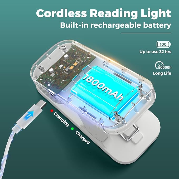 CUHIOY 2Pack Rechargeable Clip on Reading Light for Bed Headboard, White | 5 Colors 5 Brightness Bed Light, Battery Flexible Arm Table Lamp with Clamp, Flicker-Free LED Book Light at Night, Crafting