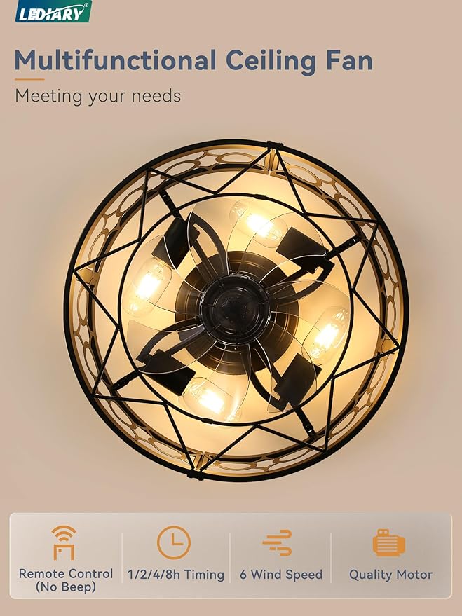 LEDIARY Caged Ceiling Fan with Light and Remote, 16in Small Low Profile Ceiling Fans with Lights, 6 Speed Farmhouse Flush Mount Ceiling Fan for Bedroom, Kitchen, Living Room-Black