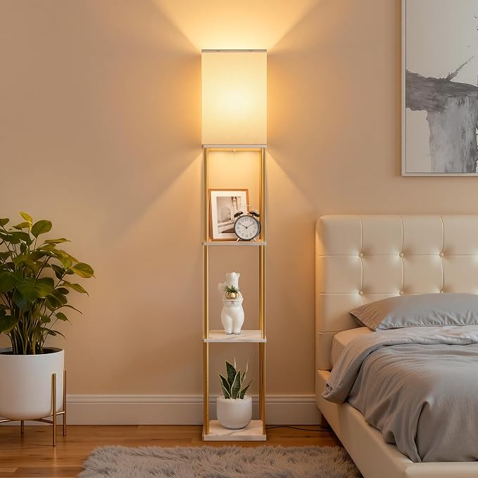 Floor Lamp with Shelves, 3-Tier Square Bookshelf Standing Lamp White & Gold | 3 Color Temperature Bulb Included, Pull Chain Mid Century Tall Lamp for Living Room Bedroom Corner Office Apartment Decor