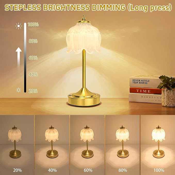 Cordless Table Lamp, Rechargeable White Glass Lotus Flower Lamp | 5200mAh touch lamp with 3 color modes and stepless dimming, battery operated lamp for nightstands and kitchen counters
