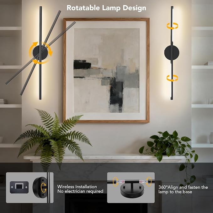 TONYFUL Battery Operated Wall Sconce Set of 2 for Bedroom, Living Room | Rechargeable, 6000mAh Dimmable Bulbs, Remote, 3000K-6500K LED Wall Lights for Bedroom, Living Room, Hallway Decor, Black