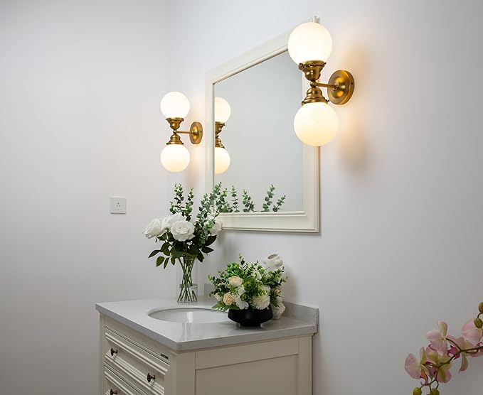 Pathson Milk White Glass Wall Sconces Lighting, 2 Lights Industrial Wall Vanity Light Fixtures Brass Finish, Vintage Wall Sconce Lamp for Bathroom Living Room Bedroom