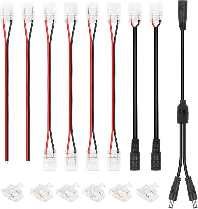 HitLights LED Strip Connector 2Pin 10mm Connector Kit Include Gapless Connector, Jumper Connectors, Pigtail Connector, DC Female and Connector, DC Jack Splitter for COB/2835 Single Color LED Strips