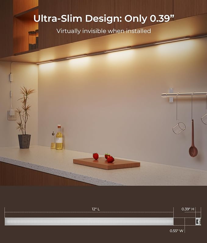 12" Plug-in Under Cabinet Lighting for Kitchen, Closet, Shelf, 2 Pack | 5CCT Adjustable (2700K-5000K) / 0.39" Ultra Slim Linkable Bars / 220LM/pcs / Permanent Kitchen Lighting / Easy Installation