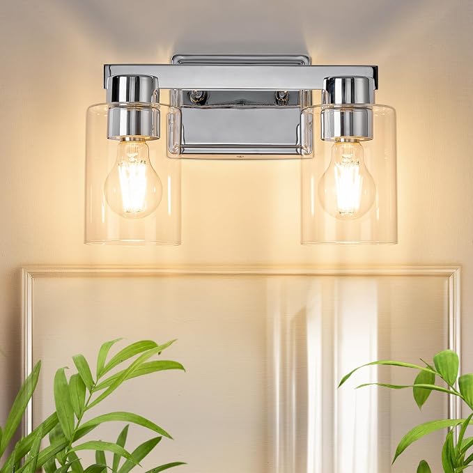 2-Light Bathroom Light Fixtures with Clear Glass, Chrome | Vanity Lights, Modern Wall Sconces, Over Mirror for Bathroom, Powder Room, Living Room