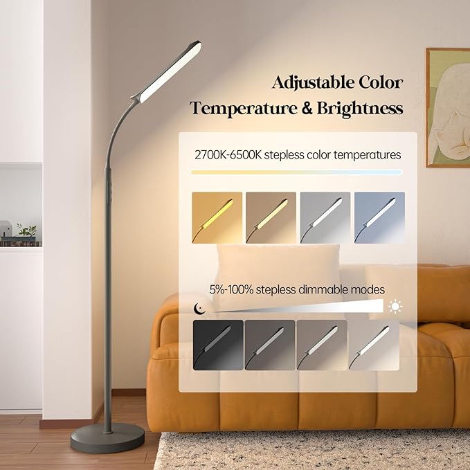 LED Floor Lamp, 18W Super Bright Floor Lamp for Living Room, Adjustable Stepless Colors & Brightness Standing Lamp, Eye Caring Reading Light with Remote& Touch Control for Bedroom Office