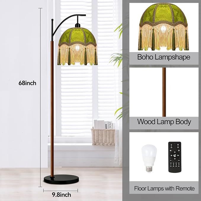 ILLMTW Fringe Floor Lamp for Living Room,Bedroom,Victorian Standing Lamp with Remote Dimmable,Green Mid Century Black Arc Tall Lamp Boho Vintage Retro Wood Tassel Flower Unique Lamp Tiffany Decor