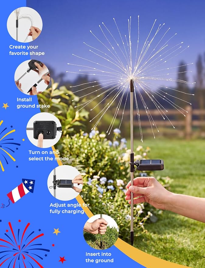 Red White Blue Solar Lights Outdoor, 4th of July Decorations, 2 Pack 150LED Solar Firework Patriotic Decor, Fourth of July Fairy Lights with 8 Modes for Yard Garden Pathway Patio Independence Day | 8 Modes, Solar Firework Patriotic Decor, Fourth of Jul...