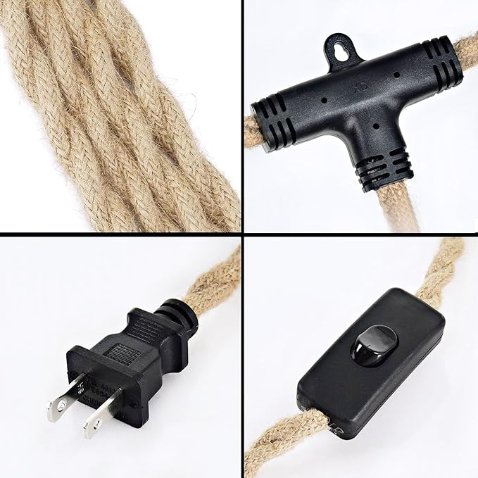 2-Light Plug in Pendant Light Cord, 19.68 ft Hemp Rope Hanging Lights with Switch, 2 Bulbs E26 Sockets Vintage Hanging Lamp Fixtures DIY for Kitchen Island Dining Room Bedroom