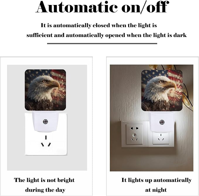 Bald Eagle Night Light,American Flag Plug Into Wall for Boys Girls Bedroom Decorative Square Night Light Lamp 0.5w Sleep Friendly