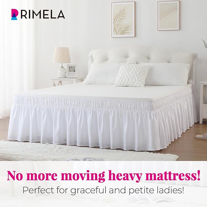 RIMELA Queen Bed Skirt 14 Inch Drop White, Wrap Around Elastic Bed Skirts Queen Size Dust Ruffle, Bedskirt for Adjustable Bed Base Solid Silky Fabric Machine Washable Easy to Install