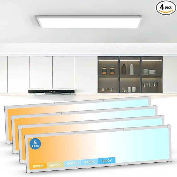 1x4 LED Flat Panel Light Surface Mount 4 Pack,5CCT Selectable,White | 6500LM,5 Wattage Selectable, 0-10V Dimmable LED Ceiling Light Fixture with Corner Protection for Office & Commercial