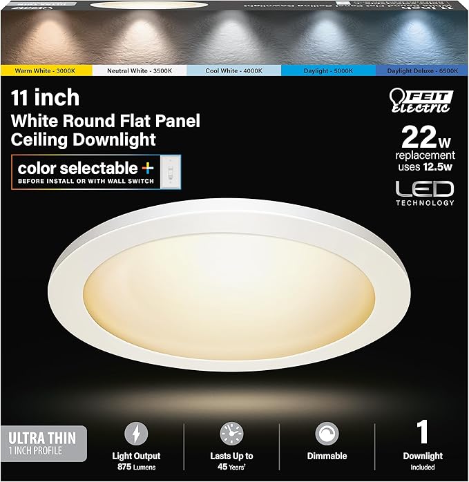 Feit Electric Flush Mount Ceiling Light Slim, Dimmable, 5CCT - 11 in | Dimmable, 875 lm, 3000K-6500K, Slim Low-Profile, Flat Panel Ceilling Light Fixture for hallways, bedrooms, living rooms