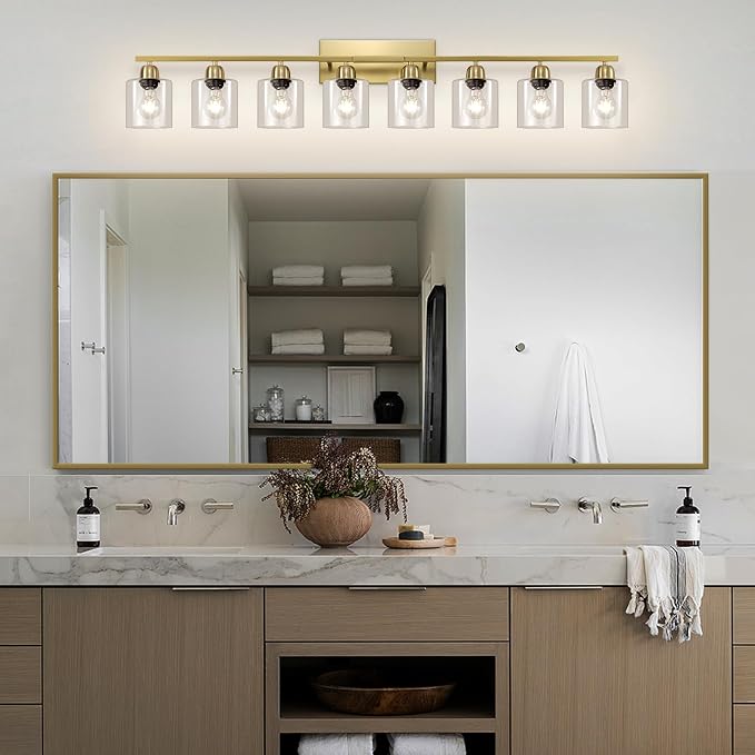 Modern Brushed Gold 8 Light Bathroom Light Fixtures, 52 inch Vanity Lights for Bathroom with Clear Glass, Bathroom Light Fixture for Mirror Kitchen Living Room Hallway Cabinet Porch