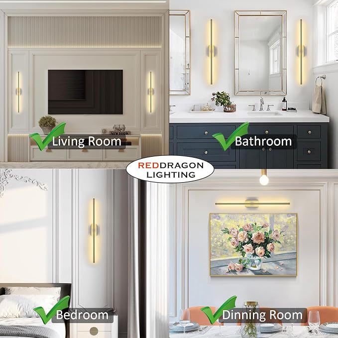Set of 2 Rechargeable Gold Wall Sconce Peel and Stick Easy Mount | Battery Powered Cordless Picture Lights, Home Decor Linear Wall Sconces for Bedroom Living Room Hallway (28.3'')