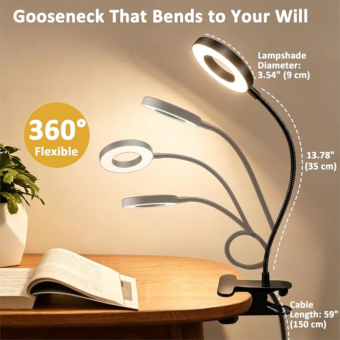 Akynite Desk Lamp Clip on Light, 48 LED Clamp Lamp, 5 Color 10 Brightness | USB Powered with Adapter, 360° Flexible Gooseneck, Eye Protection, Reading Book Lights Clamp on for Bed Home Office Study