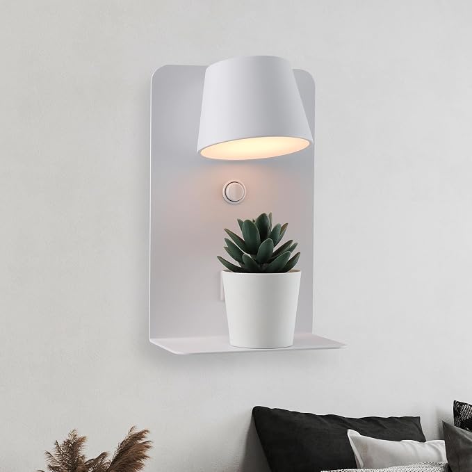 DEC LUCE DECOLUCE LIGHTING Modern LED Plug in Wall Sconce, Dimmable Wireless Wall Light Fixtures with Shelf and USB Port, 6W,600LM, Rotatable Small Reading Wall Lamp for Bedroom Bedside, White