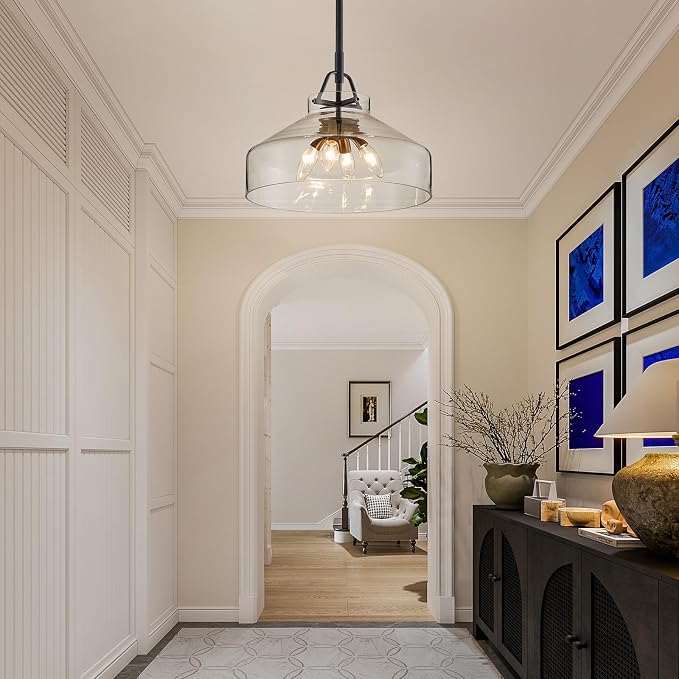 WUZUPS Chandelier Rustic Farmhouse Industrial Round Ceiling Pendant LED Light Fixture with Clear Glass Shades for Dining Room Kitchen Island Foyer Entryway, H 11.8" W 15", E26 Base, Brushed Nickel