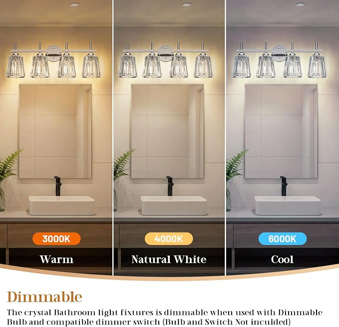 Crystal Bathroom Light Fixtures Over Mirror, Chrome 4-Light Bathroom Vanity Lights Over Mirror Modern Wall Lighting Sconces with Ceramic E26 Base (Bulbs Not Include)