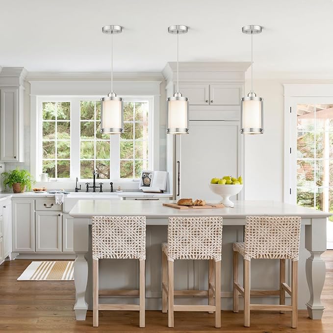 Brushed Nickel Pendant Lights Kitchen Island, 1-Light Modern Mini Hanging Light Fixtures with Milk Glass, Farmhouse Kitchen Pendant Lighting Over Island for Sink, OS-3014-1PBNW