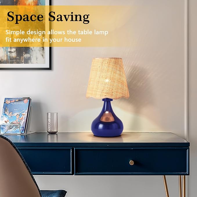 Ziqqeelam Navy Blue Small Table Lamp, Mini Bedroom Lamps for Bedside Nightstand, Rattan Shade Small Table Lamps for Small Spaces for Kitchen Counter, Bookshelf, Home Office, Living Room, Dorm