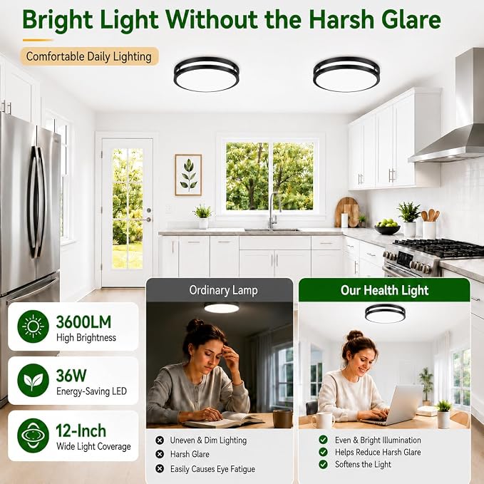 36W Black LED Flush Mount Ceiling Light Fixture, 13inch 3600LM Dimmable LED Ceiling Light, 2700K/3000K/4000K/5000K/6500KModern Ceiling Light for Bathroom Stairwell Balcony Corridor Laundry, 1 Pack