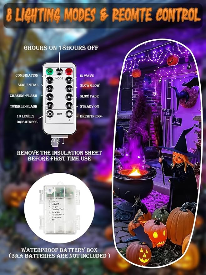 Halloween Fairy String Lights Battery Operated 100 LED 33FT 4 Pack Purple | Timer, 8 Modes, Remote Control, Brightness Adjustable Waterproof Twinkle Lights for Indoor Outdoor Party Cpreepy decorations