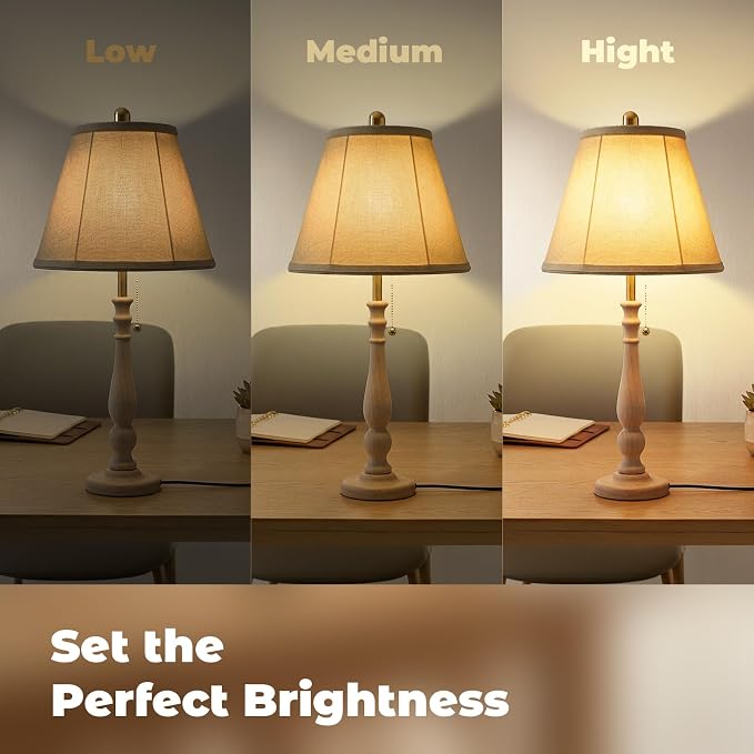 LALISU Farmhouse Table Lamps Rustic Bedroom Lamps for Living Room, 24.41" Boho Bedside Lamp with Chain Switch for Night Stands End Table Office Desk Lamp Nightstand with Linen Shades (Washed White)