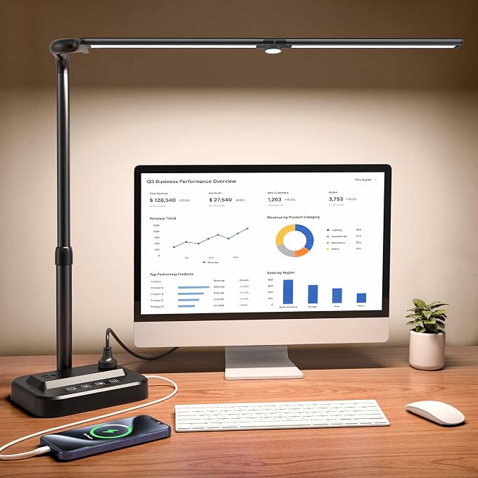 LED Desk Lamp, Ultra Wide Computer Light, Dimmable Desk Light with USB Fast Charging, Adjustable Foldable Eye Caring Office Desk Lamp for Monitor Work Gaming Home Study