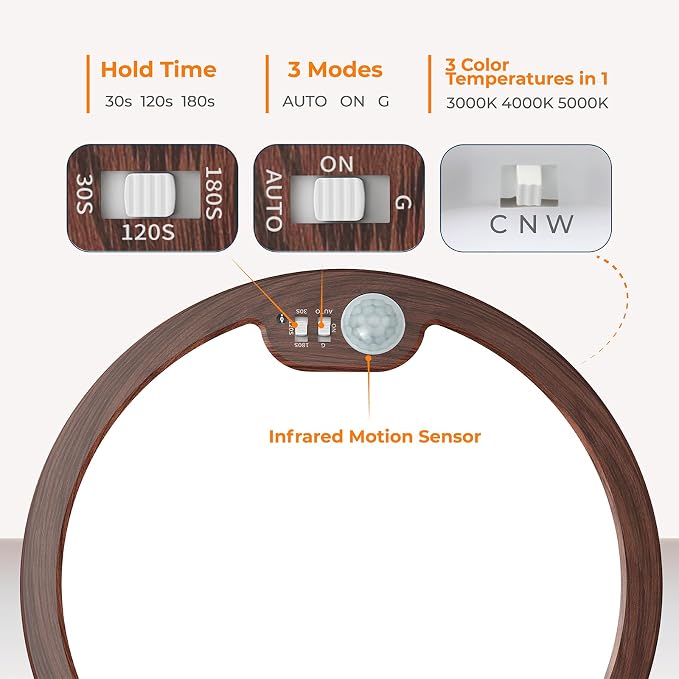 Motion Sensor Ceiling Light Wired, 8.7 Inch 3000K 4000K 5000K Selectable LED Flush Mount Light Fixture, Motion Activated Light with Timer for Hallway Stair Walk-in Closet, Non-Dimmable - Walnut