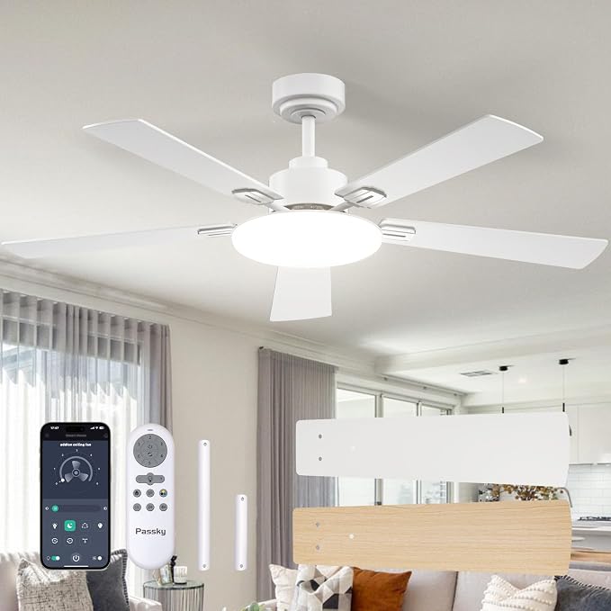 Passky Ceiling Fans with Lights, 52 inch Sleek Ceiling Fan with Light and Remote Control, 3CCT, Dimmable, Reversible, Noiseless, White Ceiling Fan for Bedroom, Living Room | 3-color dimmable light, quiet reversible DC motor, easy install, memory, Timer...