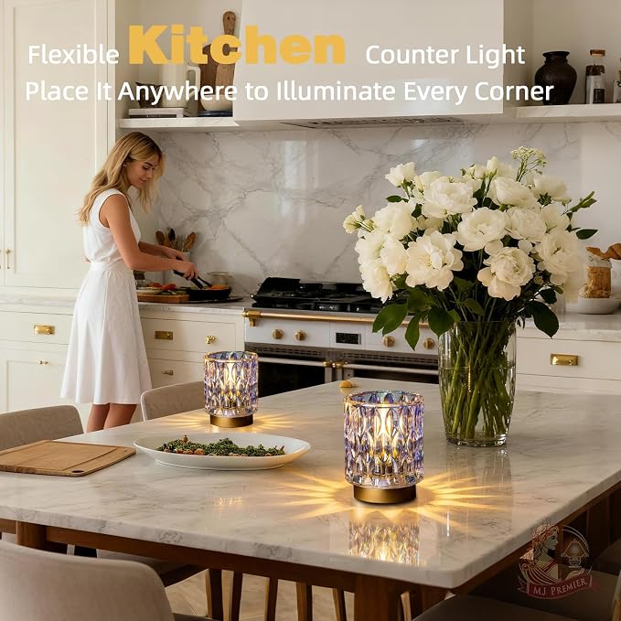 Battery Operated Table Lamp Timer, Small Cordless Lamps Decorative, 2 Pearl | Mini Crystal Lamp for Area No Plug, LED Battery Powered Lamps Wireless, Glass Accent Light for Bathroom Fireplace Shelf Decor