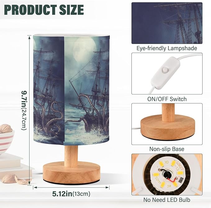 Table Lamp Octopus Pirate Ship Sea Monster Tentacle Sailboat Night Ocean Wave Nightstand Lamp with Wood Base Fabric Lamp Shade Bedside Desk Lamp for Living Room Bedroom Kids Room Office