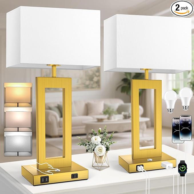 Table Lamps for Bedrooms Set of 2, 27.2’’ Super Tall Modern Gold Lamps for Living Room Nightstand End Tables, Button Touch Control Bedside Lamps with 2 USB Ports, 3 Color Temp. E26 Bulbs Included