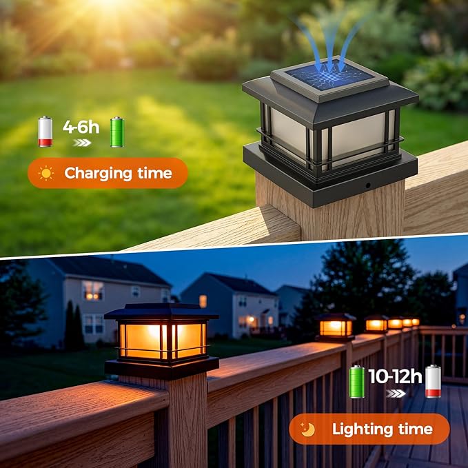 JOFIOS Flickering Flame Solar Post Cap Lights Outdoor, Black Post Lights with 3 Color Temperature, Fits 3.5" 4" 4.5" 5" Wood/Vinyl Posts, IP64 Waterproof Fence Deck Lights for Garden Patio Yard 6 Pack