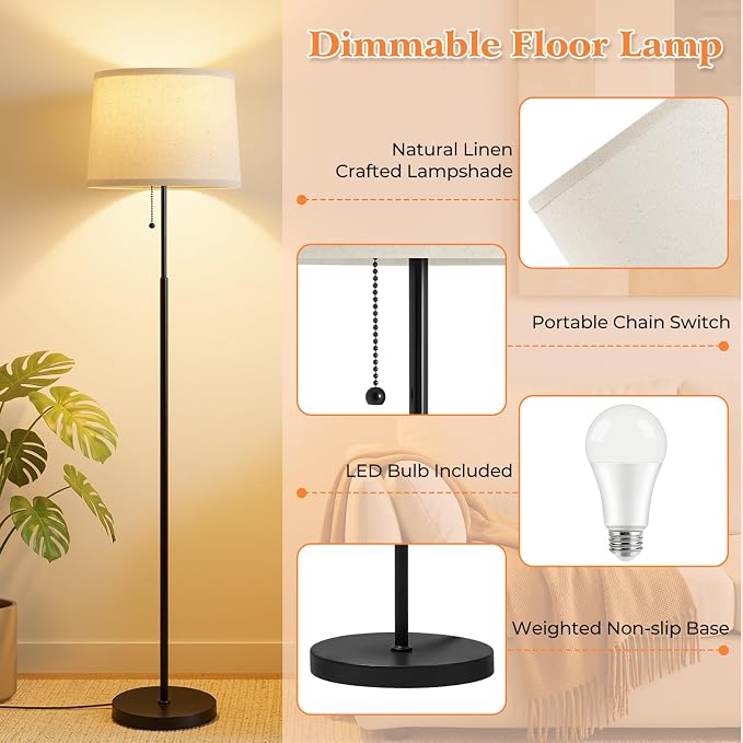 Floor Lamps for Living Room & Bedroom, 60" Modern Tall Standing Lamp, 3CCT | Lamps for Office, Classroom, Bedside, Linen Lampshade, Pull Chain Switch, Modern Design, Anti-glare Lighting, Easy Assembly