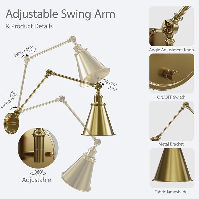 Plug in Wall Sconces Set of Two, Gold Swing Arm Wall Lamp with 6.6FT Plug-in Cord and Knob Switch, Metal Hardwired Wall Lights for Bedroom, Reading, Study Room, Office, Living Room (2 Pack)