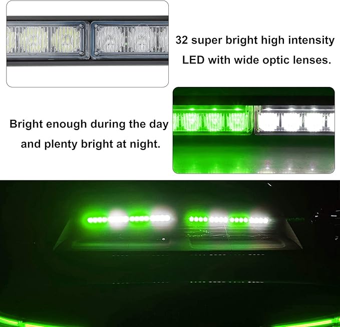 ASPL 2x16.8 inch Emergency Flashing LED Traffic Advisor Strobe Light Bar 32LED 26 Flash Patterns Interior Safety Warning Lights (Green/White)