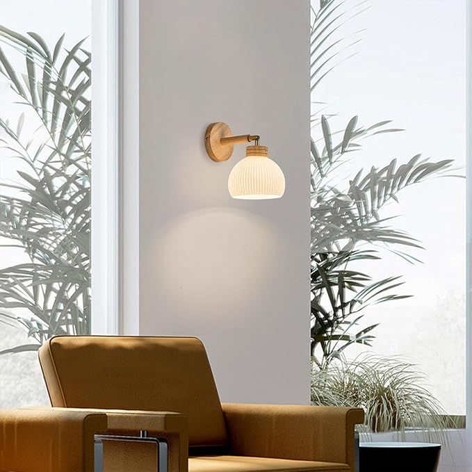 Globe Milk White Glass Wall Lamp Nordic Solid Wood Wall Sconce Adjustable Bedroom Bedside Reading Lighting, Modern Retro Half Globe Wooden Home Decor Lighting Fixture for Loft Living Room