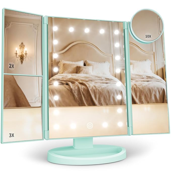 HUONUL 2X/3X/10X Magnifying Vanity Mirror with Light, Trifold Makeup Mirror | Touch Dimming, Dual Power, Clear View for Makeup, Skincare. Dorm Room Essentials. Birthday Gifts for Women, Mom, Wife, Girls