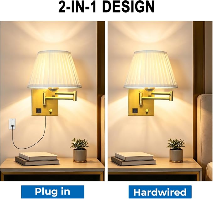 Plug in Wall Lamp for Living Room Bedroom Bedside, Bulb Included | Wall Sconce with USB C+A Charging Ports, Adjustable Swing Arm 270°, Adjustable Color Temperature, White Fabric Cone lampshade