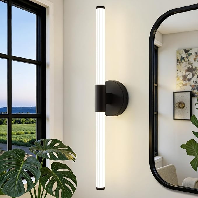 Dimmable LED Bathroom Vanity Lights 360° Full Lighting Bathroom Light Fixtures Over Mirror Vanity Light Bar Modern Wall Sconce 4000K Natural White Light for Home Hardwired, Black, 23 inch