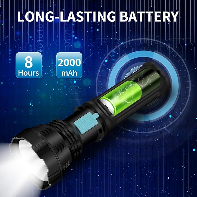 Led Solar Flashlight, 1500 Lumens Led Solar Handheld Rechargeable Flashlights with IP65 Waterproof, 2000mAh Battery for Survival Emergencies Camping (1 Pack)