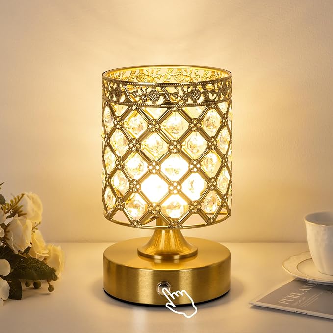 Gold Crystal Rechargeable Cordless Table Lamp, Touch Small Desk Lamp | 6000mAh Battery, 3 Color Temps, Stepless Dimming, USB Charging, Portable Wireless Night Light for Bar Bedroom Living Room