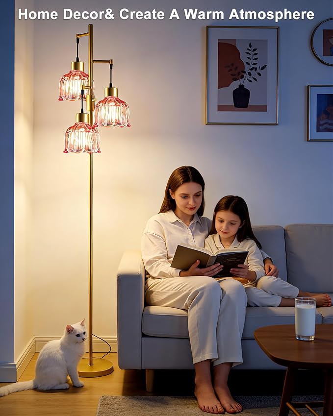Lightdot 3-Light Flower Floor Lamps, 65'' Dimmable Floor Lamp with Rose Red Glass Shade& Bulbs Included, Mid Century Standing Lamp with 5Lbs Heavy Base for Living Room/Bedroom/Sofa Beside-Gold